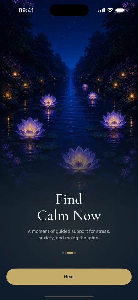 Mindful You welcome screen reading Find Calm Now, a moment of guided support for stress, anxiety and racing thoughts.