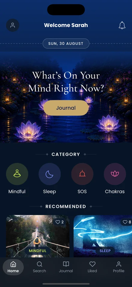 The Mindful You home screen showing the daily journal prompt and the Mindful, Sleep, SOS and Chakras categories.