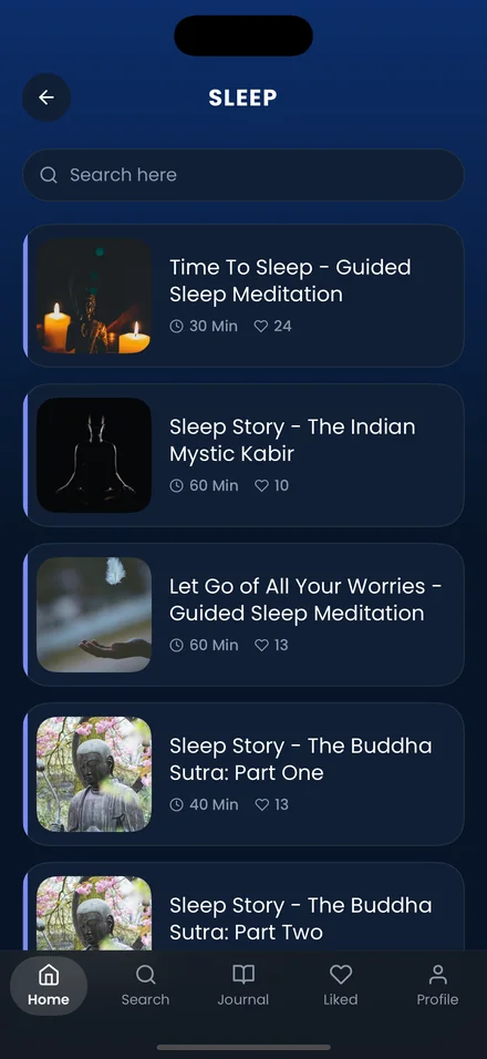 The Sleep section of the Mindful You app, listing guided sleep meditations and sleep stories.